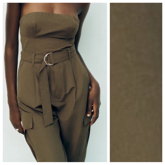 NWT. Zara Khaki Cotton Blend Strapless Cargo Belted Jumpsuit. Size M. - Picture 2 of 11